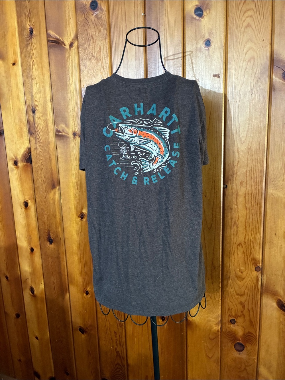 Carhartt Kids Short-Sleeve Gray-Brown Logo Pocket Tee size large fishing shirt
